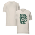 Born to Smash padel T-shirt in heather dust, front and back with green lettering