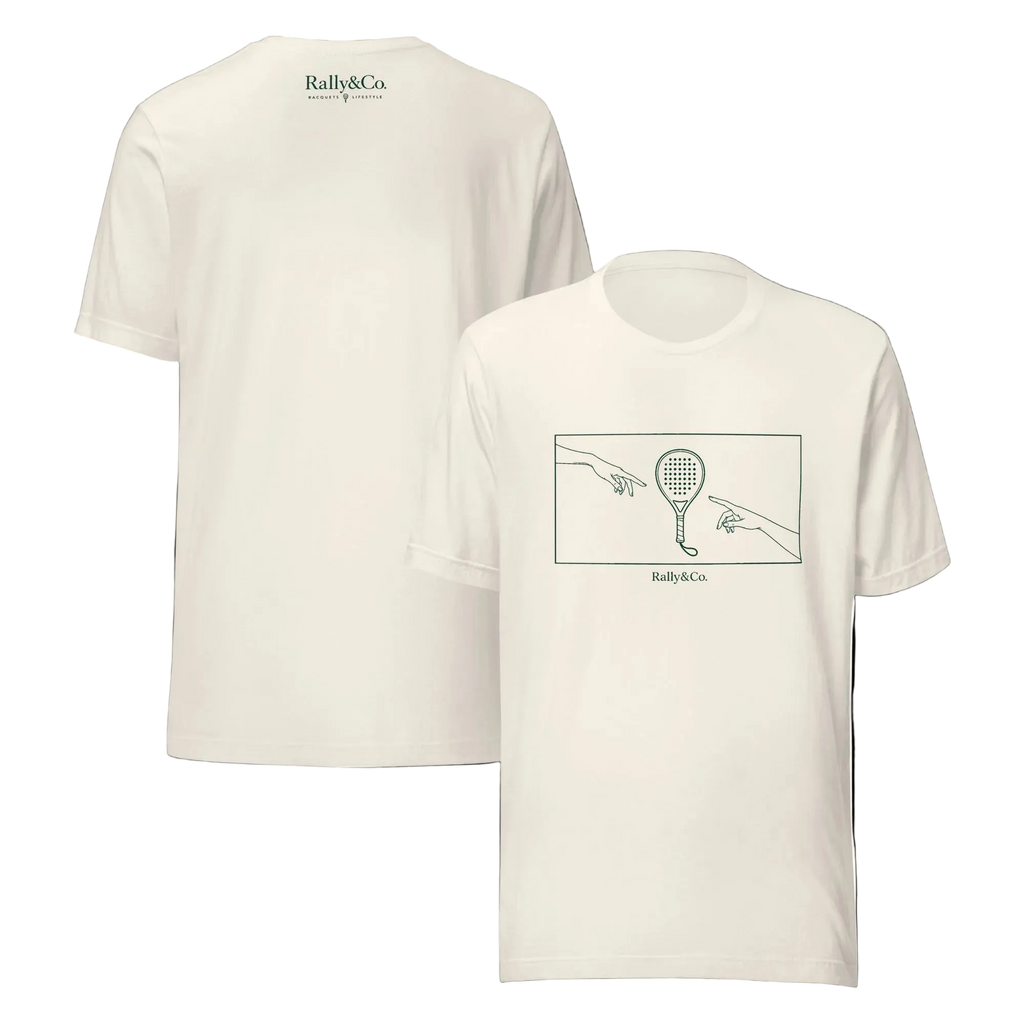The Creation of Padel T-shirt in vintage white, front and back with green padel artwork